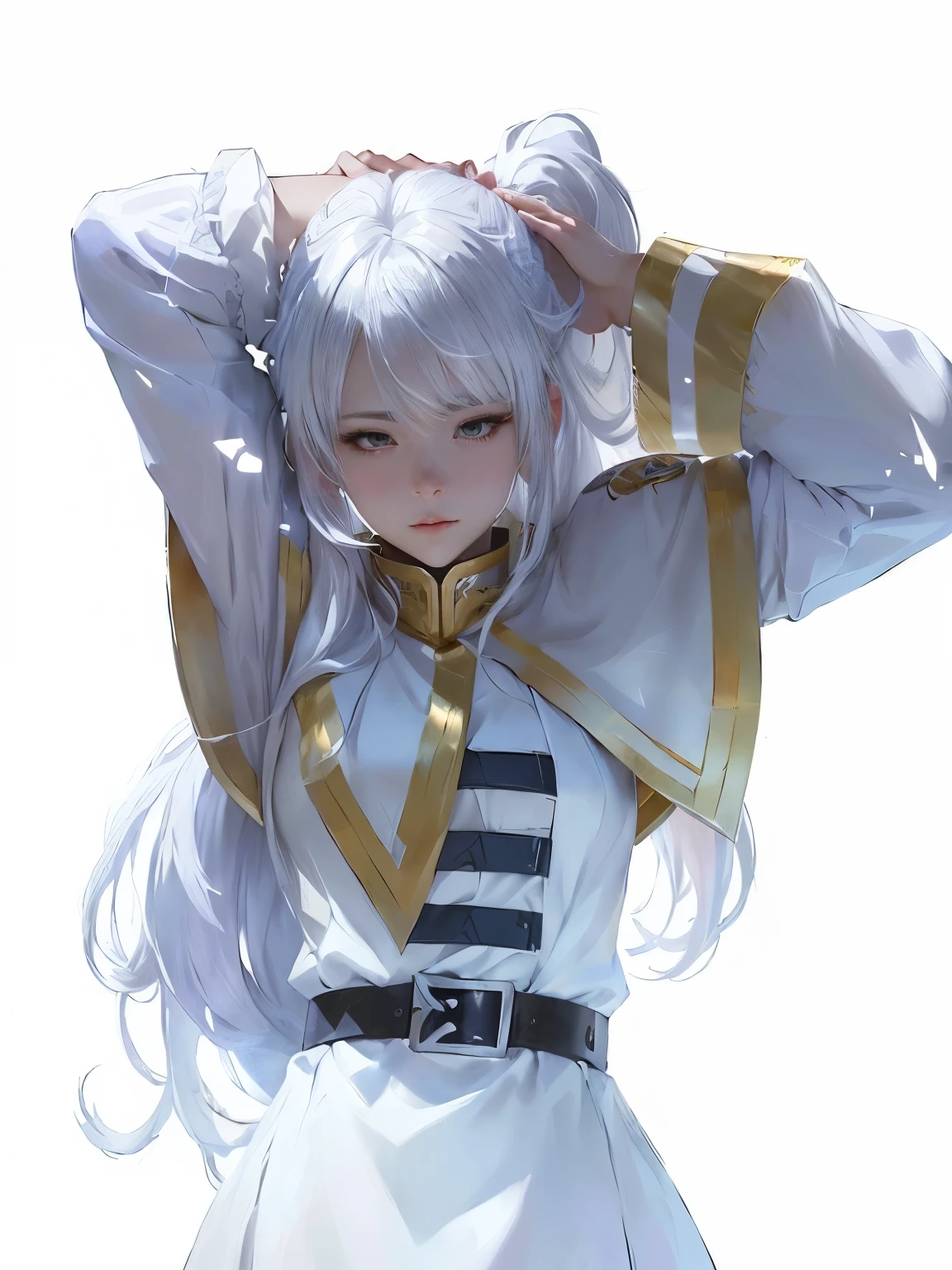 anime girl with white hair and a white dress holding her head, relaxed dwarf with white hair, guweiz, crisp clear rpg portrait, white haired deity, ayanami, anime character, detailed anime character art, anime character art, made with anime painter studio, silver hair (ponytail), dwarf with white hair, white hair floating in air, ayaka genshin impact