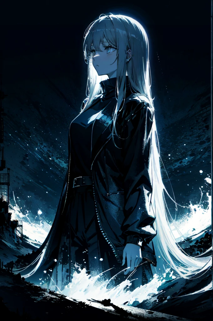 (best art,:1.3),
silver theme,black theme,white theme,blue theme,long hair ultra high res, masterpiece, best quality, night, (dark environment)