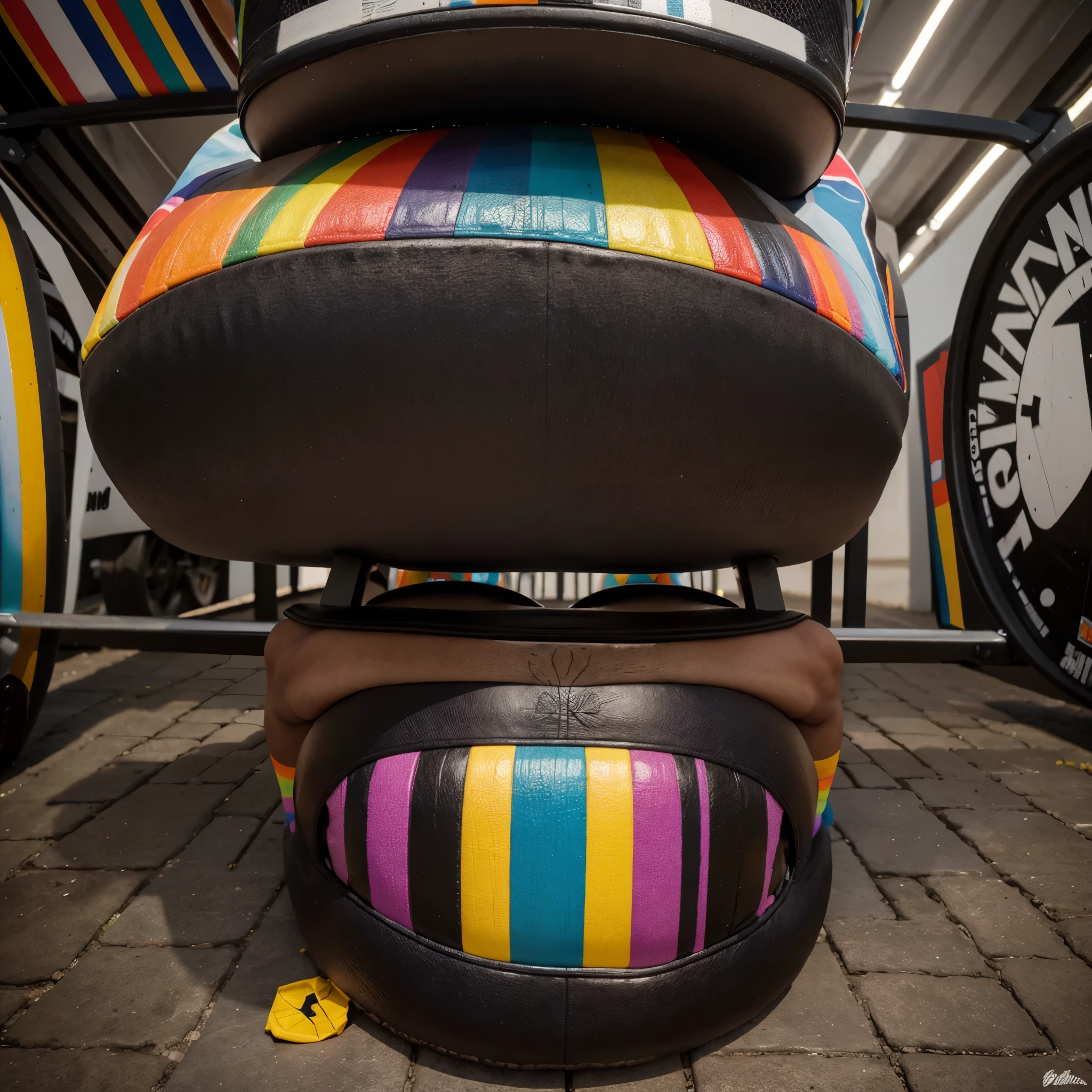 Crea una gorra de color negro con un bordado de gran calidad en alto relieve que diga Rony Die con estilo grafity con un fondo de barras y mancuernas con tematica de entrenamiento con pesas usando los colores del arcoiris