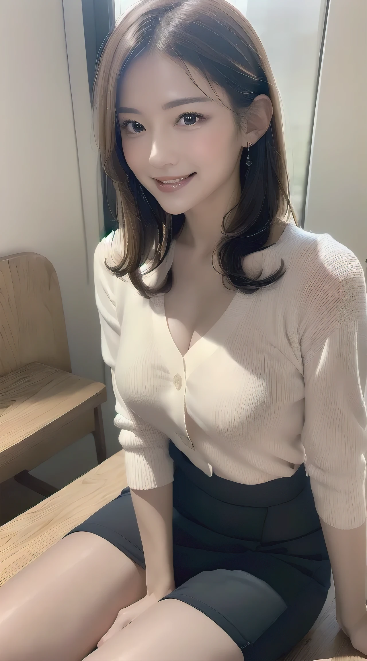 (highest quality, Tabletop, Ultra HD: 1.3, High brightness, High color saturation), One Girl, (Mid-breasted), Light brown hair, Asymmetrical Hair, Straight Hair, Long Hair, ( Slim figure, Narrow waist), (Ultra Fine Face), Delicate lips, (Beautiful Eyes), Light blush, The eyes are brown, Perfect glowing skin, Have a look at this, A cheerful smile, ( Hide your hands), (Sitting on a bench), (Long, slender legs, Thighs and toes:1.5), See-through white blouse, Tight Skirt, (White pumps), (Japanese girl, Gravure idol pose), Broadleaf Forest, 135mm, Fujifilm