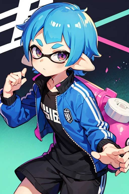 Splatoon. inkling. boy. Short blue hair with a perm. is wearing a jacket