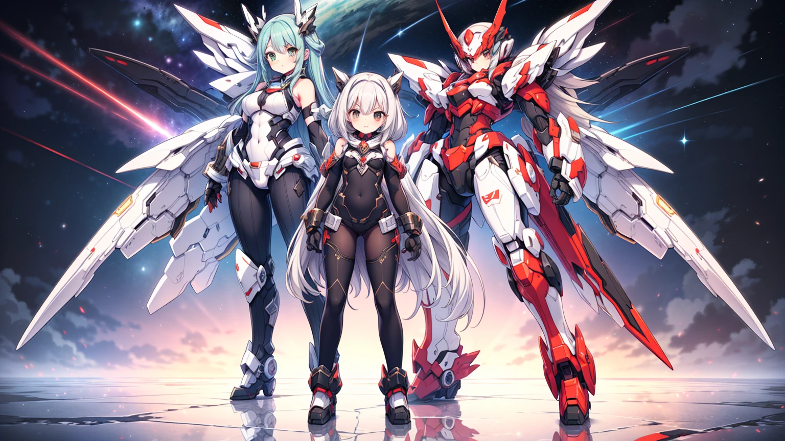 masterpiece, best quality, absurdres, 3 girls (((full body))), standingn, three character, mecha armored girl, a mix of tech and tribal, girls with different hair colors, ((Metallic Gauntlets and Greaves with Red and Silver Highlights)), space background