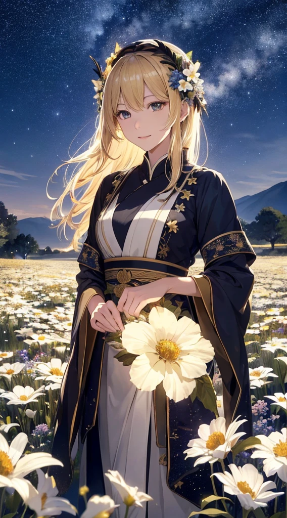 masterpiece, high quality, 4K, Beautiful design, silhouette,blonde, 非常に詳細な夜のStarry Sky,Flower Field, wonderful, Finer details, Very knowledgeable woman, Highly detailed solo, 1 female,Ram'Horn,Big Breasts,White kimono,Night view,Starry Sky,full moon,