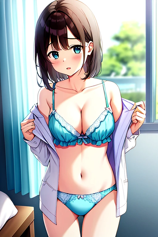 masterpiece, best quality, ultra-high resolution, 8k, wallpaper, perfect anatomy, perfect body, changing clothes, surprised expression、bedroom, morning,Very large breasts、 cute face, tareme, brown short hair, messy hair, sleepy, blue sky through the window, girly room, , open clothes, girl, teenage, collarbone, navel, stomach, groin, standing, open eyes, holding clothes, girly panties,jyojipan, cotton panties,