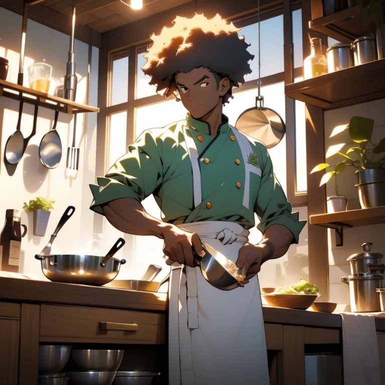 A Brazilian Chef, with an Afro coup, stands proudly in front of a manga-inspired tiny house. The vibrant colors of the house pop against the psychedelic sunset background. The chef's exquisite facial features are accentuated by the warm, golden light, casting dramatic shadows on his three-dimensional face. His white apron is neatly tied around his waist, and his hands, holding a freshly chopped onion, are perfectly captured in the detailed 8K CG image. The kitchen utensils reflect the stunning light, and the delicate ingredients on the table add to the detail-rich scene. The verdant plants surrounding the tiny house add a natural touch to