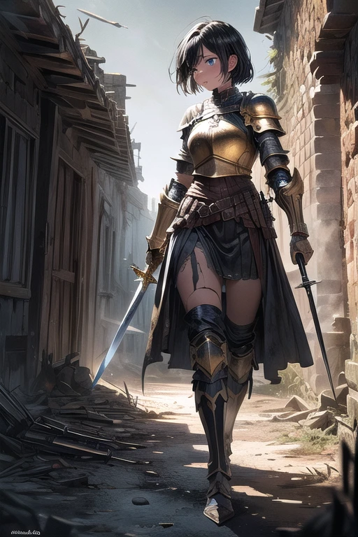 (high-res:1.2,ultra-detailed,realistic,professional), dark and atmospheric art style, strong contrast, golden and warm color tone, dramatic lighting, medieval, female knight, black armor, short black hair, blue eyes, battlefield The ruins are illuminated by the morning sun, one-handed sword in hand, full body