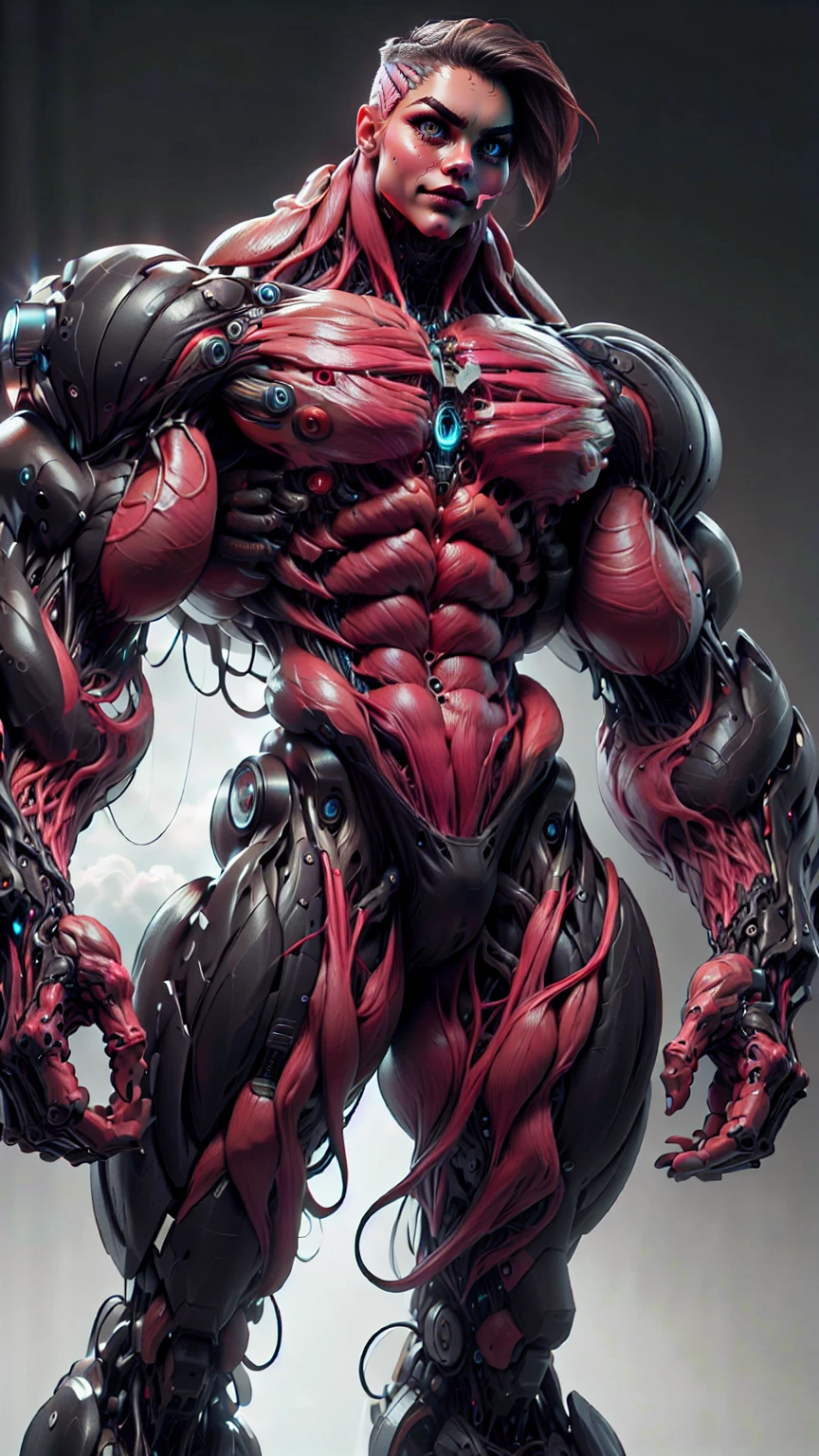 (1 girl), (cara delevingne), (muscular android girl wearing a black anatomic cybernetic muscle suit:1.25), (wide shoulders:1.25), (muscular defined physique:1.25), perfect hands, (long hair:1.25), large breasts, high resolution image, extreme detail, blank background