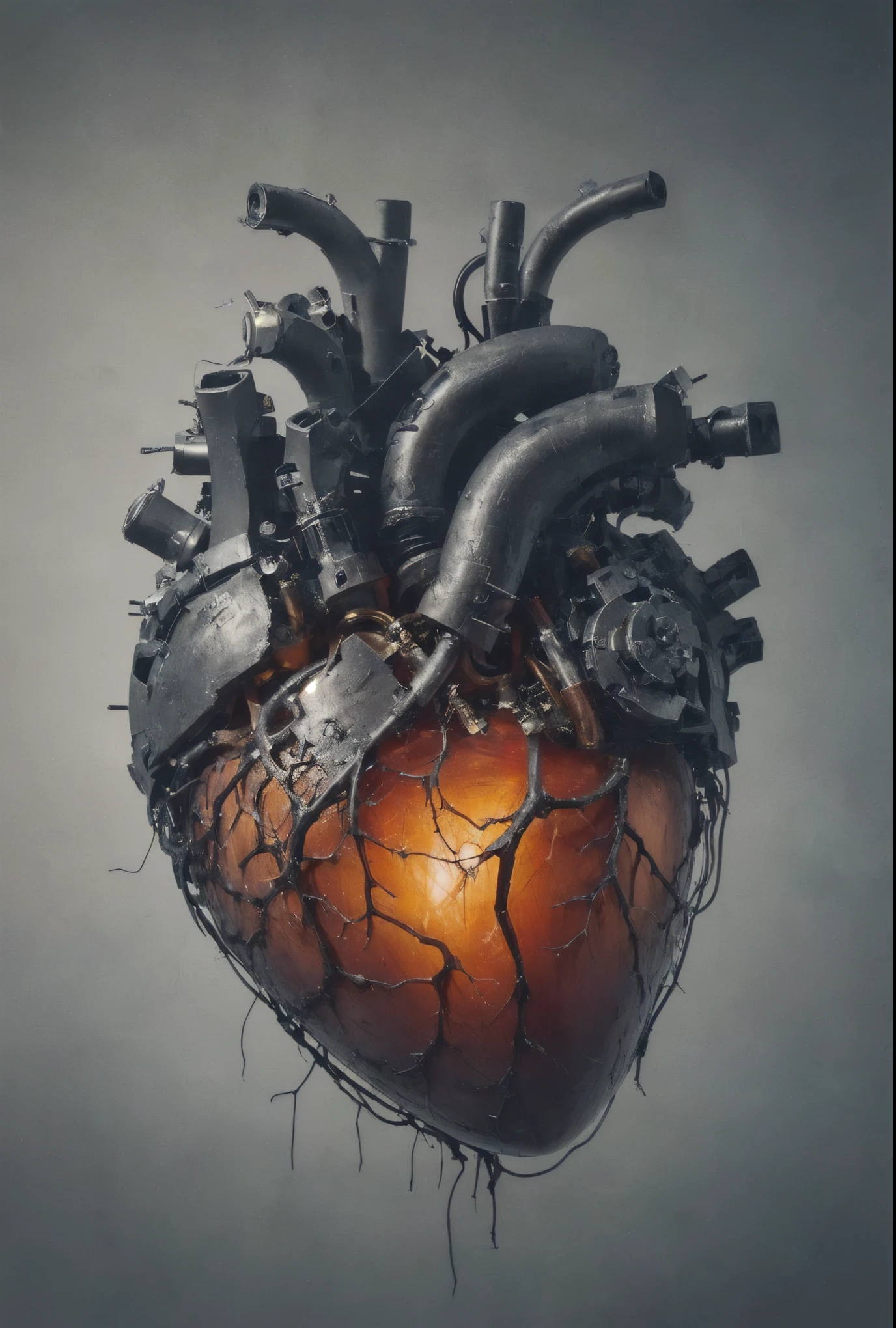 Close-up of the heart,There are a bunch of pipes connected to it., sincere, connected to heart machines, The mechanical heart of the center, Human Heart, sincere!, stefan gesell, Inspired by Igor Mosky, author:Ludwik Konarzewski, Bepple. Surrealism, author:Adam Marcinski, author:Andrew Frazee, Cardiac Effects