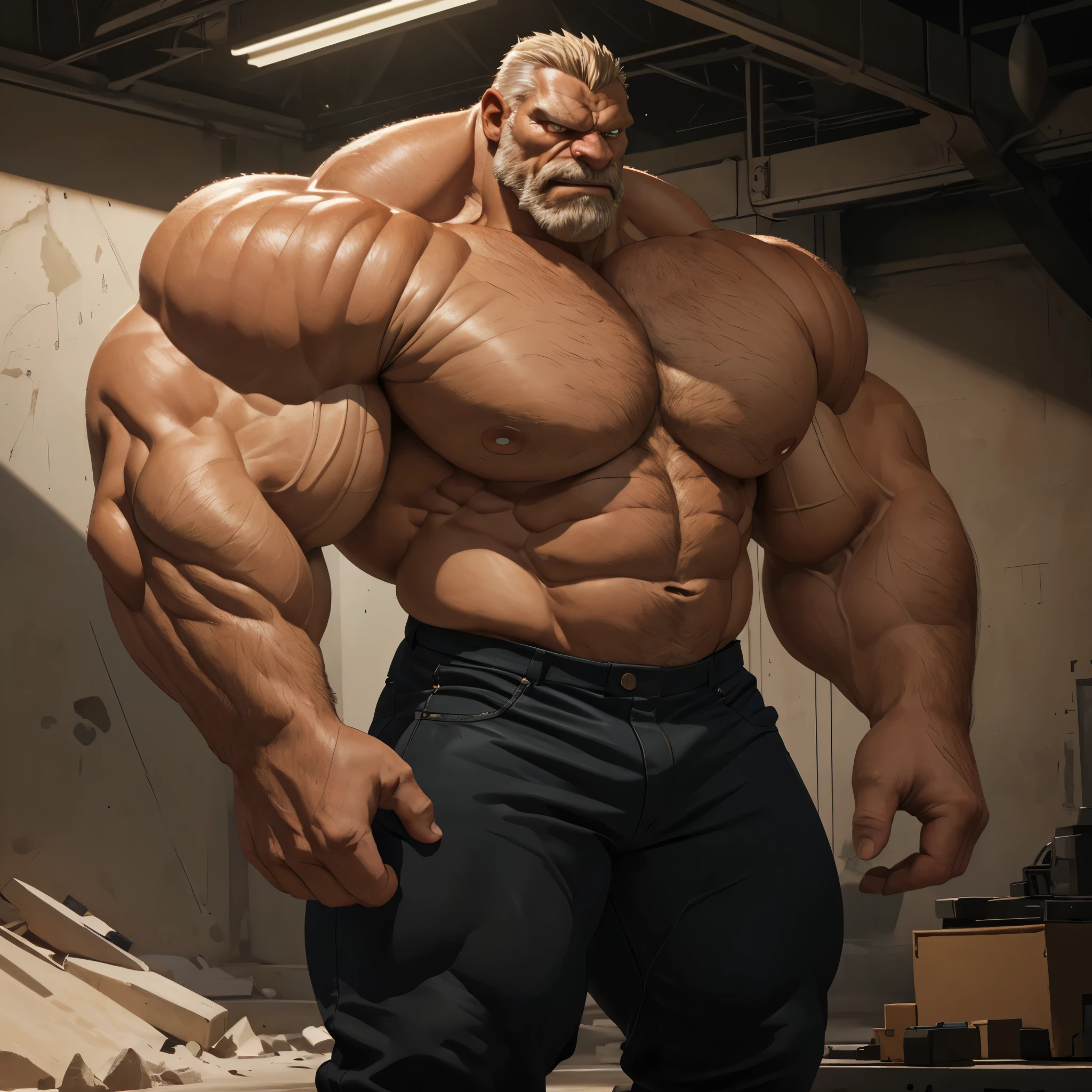 muscular old man, detailed ,really big muscle, bigger muscle, very big muscular, angry, sharp eyes, over sized muscle, biggest muscle, big pec muscular, biggest pec muscle, detailed muscle, realistic rendering, CG realistic, 3d realistic, photography, background,