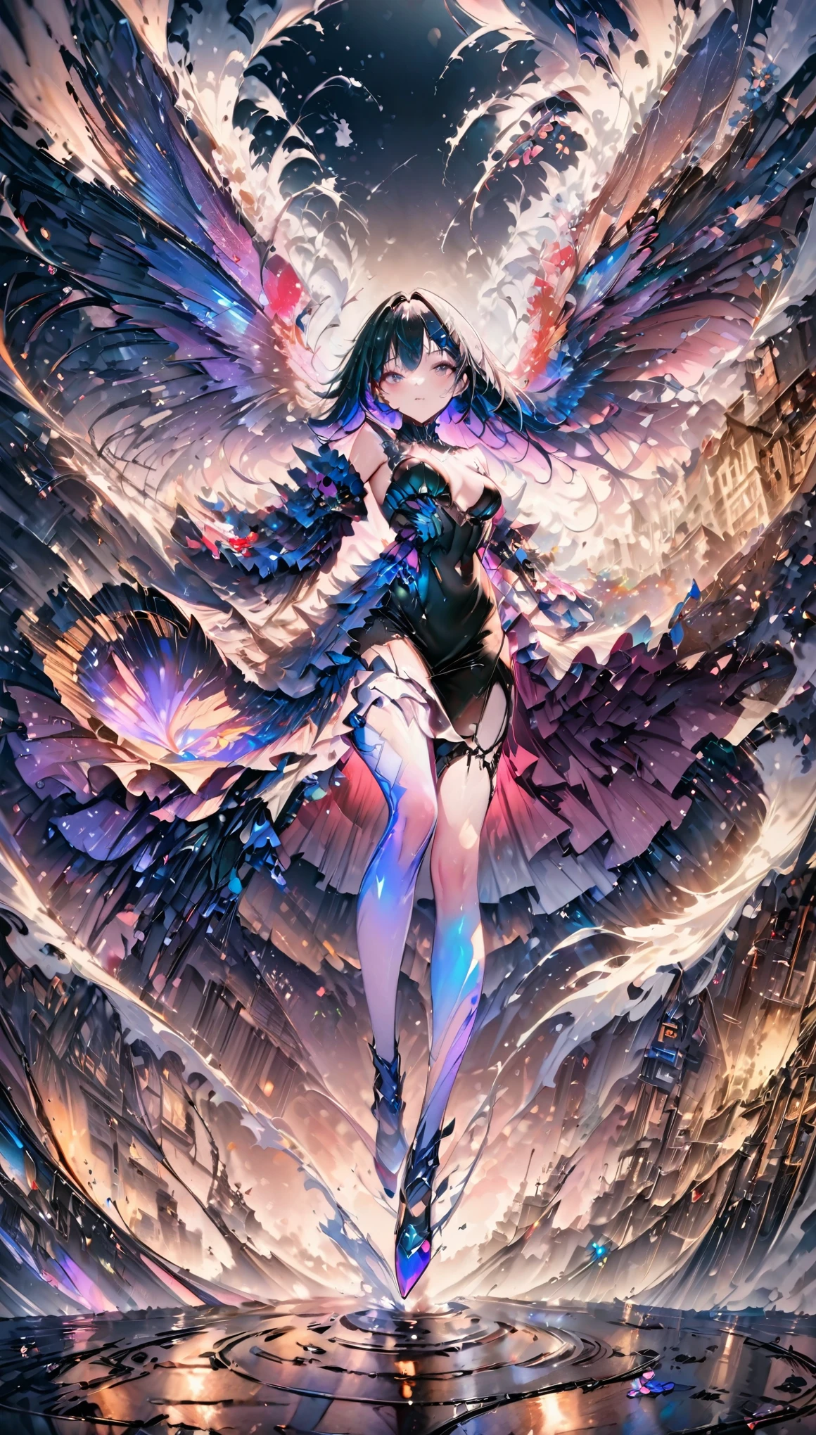 Featured artworks, A fusion of watercolor and oil painting, highest quality, Super quality, 16k, Incredibly absurd, Very detailed, A beautiful, fragile girl stands in the city, Wind, Wind-effect, moonlit nightscape, (Nice views:1.2), Cybermetal, Steam Metal, Diesel Metal, Clock Metal, Falling petals