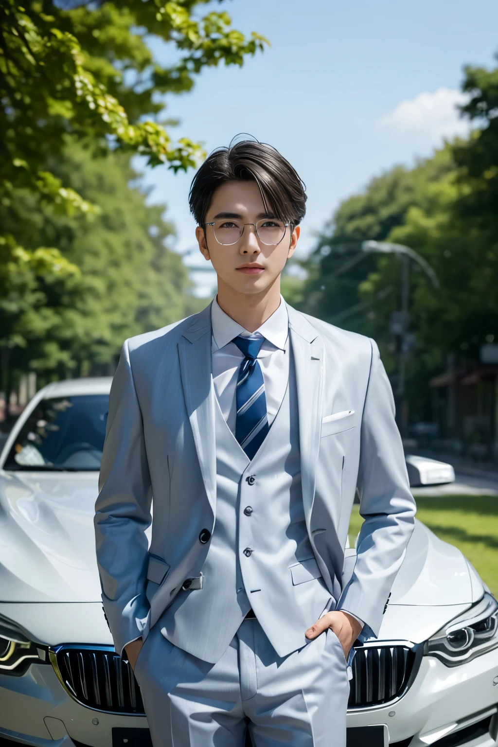 (Wear silver-white titanium alloy thin-frame glasses、Wearing a full light blue striped suit、White shirt、tie、About 25 years old、Japanese male height 180cm)、best quality、masterpiece、Ultra-high resolution、(Photorealism:1.4)、original photo、(Wear silver-white titanium alloy thin-frame glasses outdoors on the street、Wearing a full light blue striped suit、White shirt、tie young handsome japanese man、Standing under the red maple tree、Red and big maple leaves、Delicate leaves、Branch Details)、(There is a white BMW car next to the man、man'S's hand is on the roof of the car) shadow、Octane Rendering、8k、Super sharp、realistic light、(There is only one white BMW carriage on the street、man'shining eyes、look in the direction of the camera)、Leading、Ultra-high quality、High、gentleman、Very beautiful hair、Bright photos、Handsome as a model、Handsome as an idol,Professional profile photo, Professional portrait photos、Realistic portrait photos, Detailed color portrait, Idol portrait, High quality portrait.