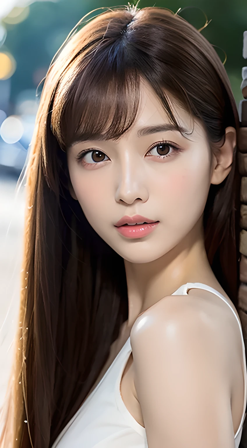 1 Female, Close-up of face, Medium chest, Light brown hair, Blunt bangs, Hair behind the ear, Hair that falls over the shoulders, Long Hair, Slim figure, Ultra debtine debtace, Thin face, Delicate lips, Beautiful Eyes, Light blush, eyes are light brown, Perfect glowing skin, Perfect Skin, Shining Sweat,Have a look at this, Ultra-thin needle, Very thin fingers, The optimal ratio is four fingers to one thumb, (Realistic:1.3), See-through white blouse. amusement park, First Person View, debtuji debtilm, debt/1.2, 8k, Tabletop, Debtdebt, Super Detail, high quality, 最high quality, High resolution