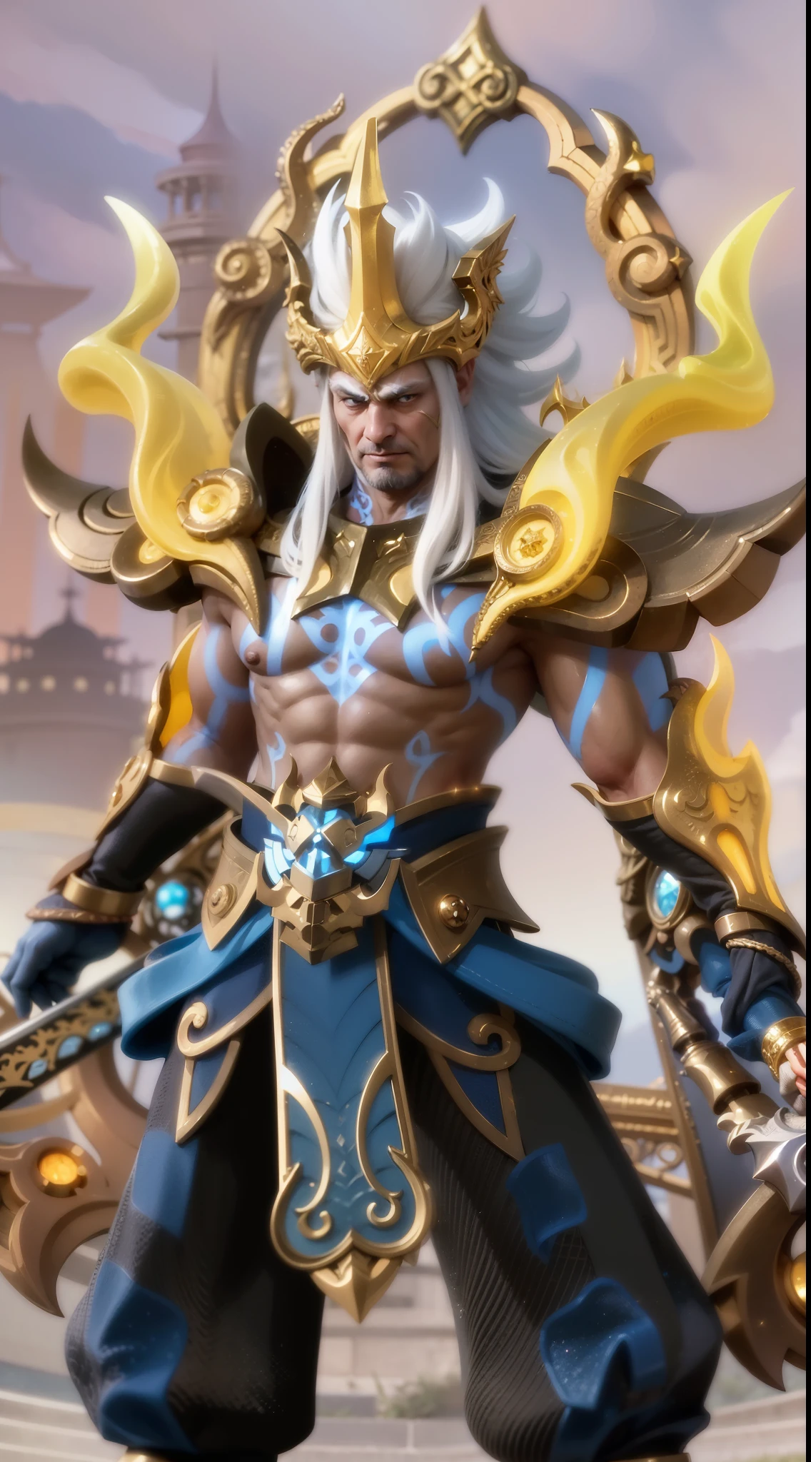 a close up of a man holding a sword in a sky, Masterpiece, ultra HD, detailed all picture, a close up of a devil, dyrroth from mobile legend, evil, extremely detailed artgerm, mobile legends character, inspired by Dyrroth, Six pack chest and abs, black jewel above the chest, light yellow eyes, glare.