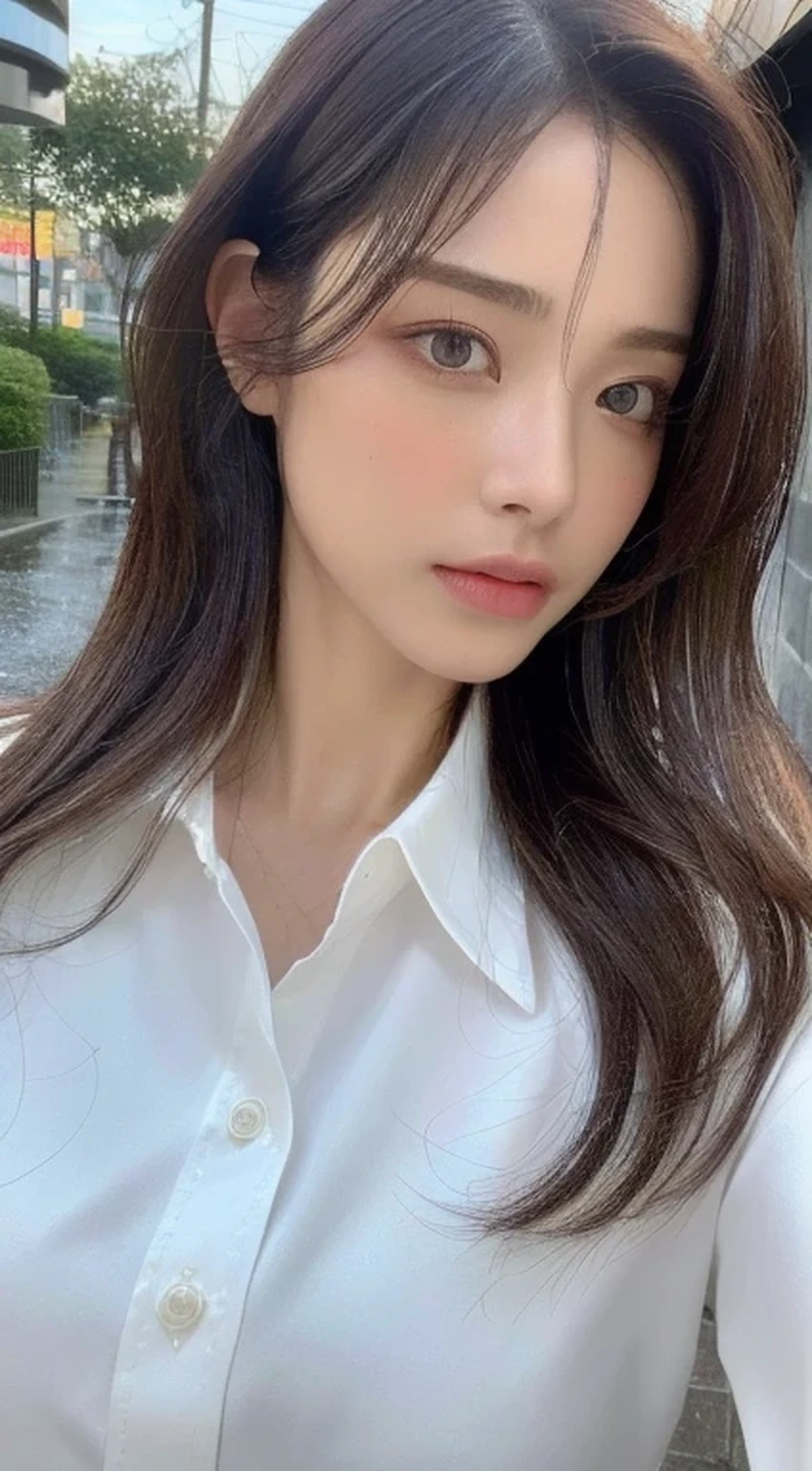 ((highest quality, 8k, masterpiece: 1.3)), sharp: 1.2, Perfect body beauty: 1.4, Slim Abs: 1.2, ((Layered Hairstyles, big: 1.2)), (Wet White Button Long Shirt: 1.1), (rain, street: 1.2), Wet: 1.5, Highly detailed face and skin texture, Fine grain, double eyelid
