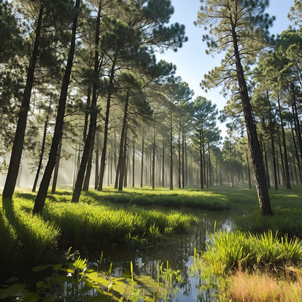 swamp shaded by tall pine trees sunlight passing through thin mist, best quality, ultra relaistic