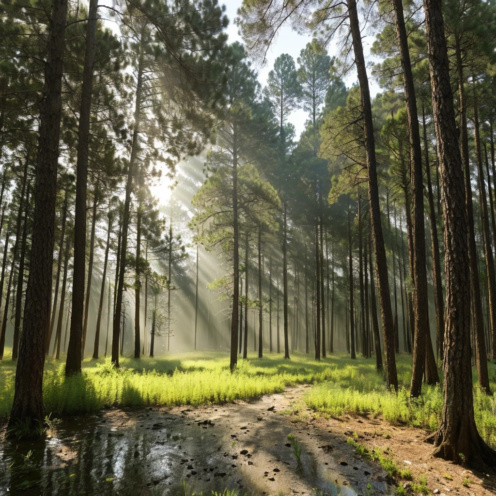 swamp shaded by tall pine trees sunlight passing through thin mist, best quality, ultra relaistic