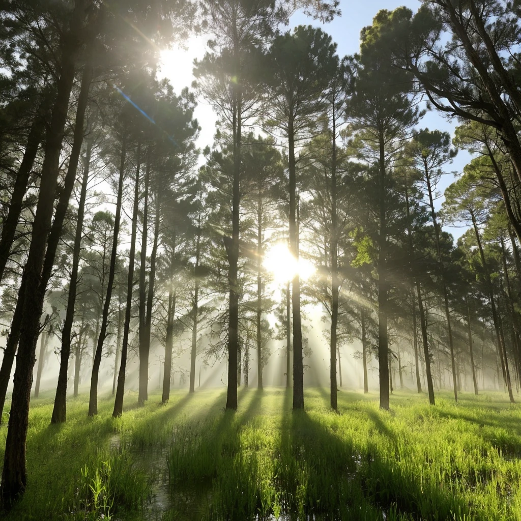 swamp shaded by tall pine trees sunlight passing through thin mist, best quality, ultra relaistic