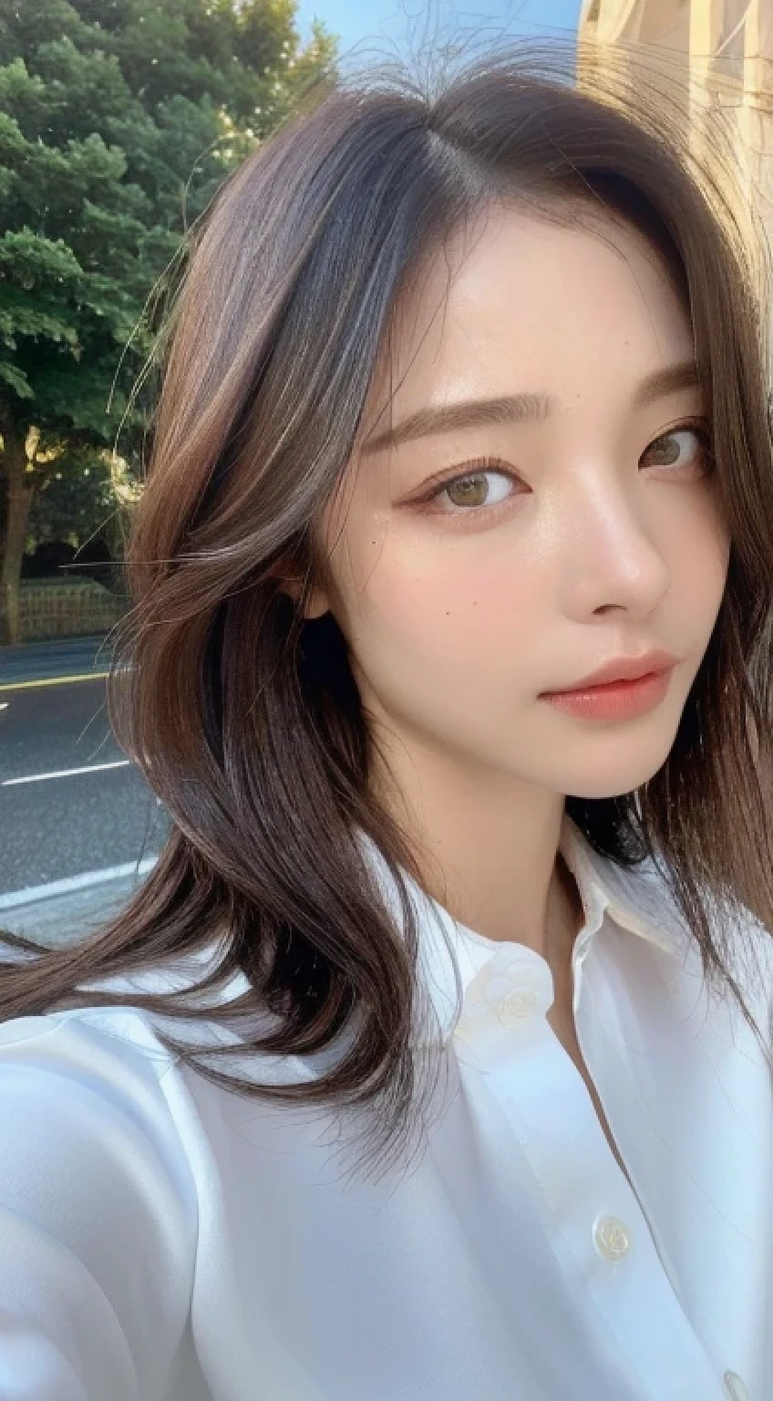 ((highest quality, 8k, masterpiece: 1.3)), sharp: 1.2, Perfect body beauty: 1.4, Slim Abs: 1.2, ((Layered Hairstyles, big: 1.2)), (Wet White Button Long Shirt: 1.1), (rain, street: 1.2), Wet: 1.5, Highly detailed face and skin texture, Fine grain, double eyelid