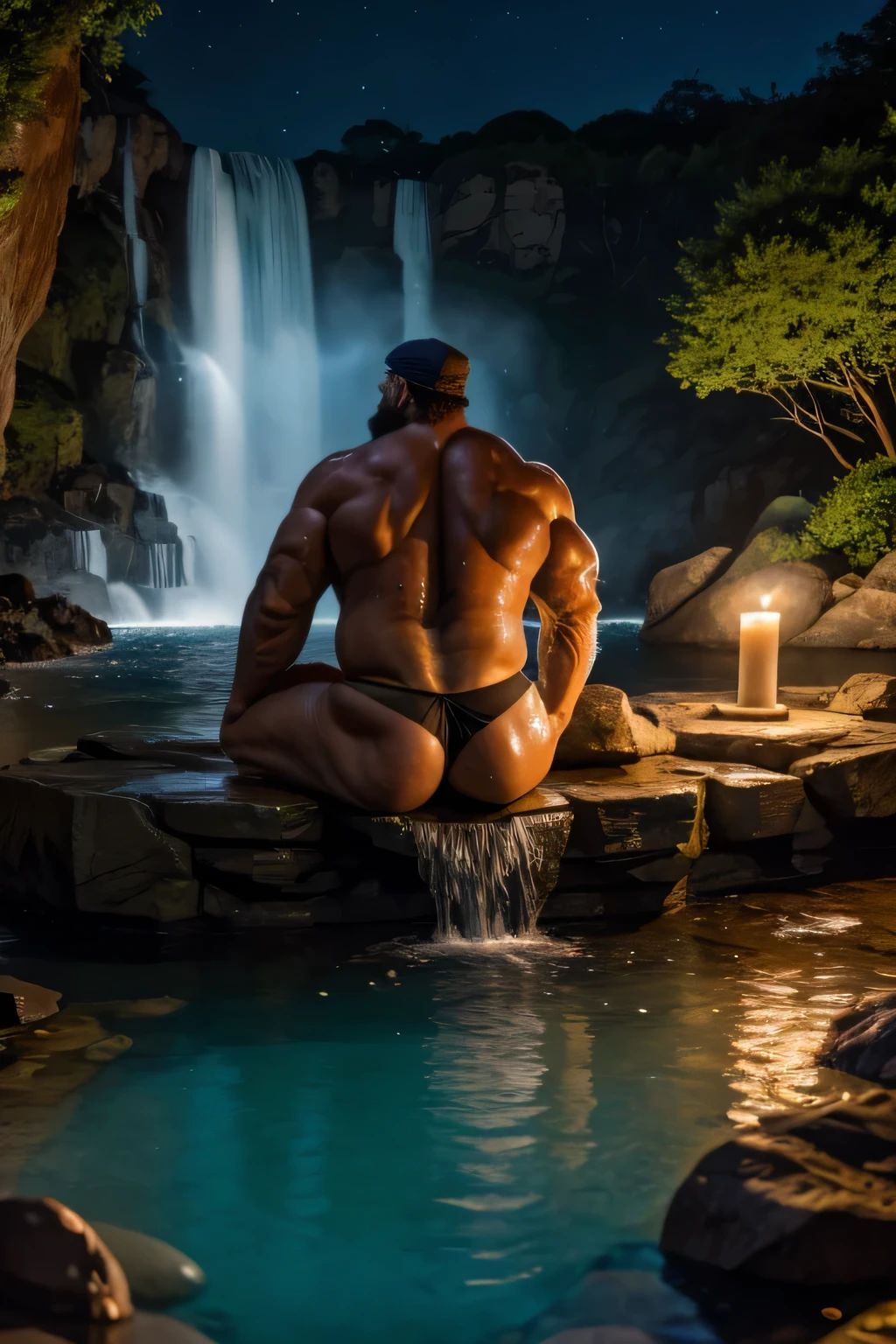 Muscular, fat old man, sweating, large belly, thong, bulge, at night, dark, sitting in rock pool, water, big beard, large biceps, relaxing, large waterfall splashing on his back, candles on rocks
