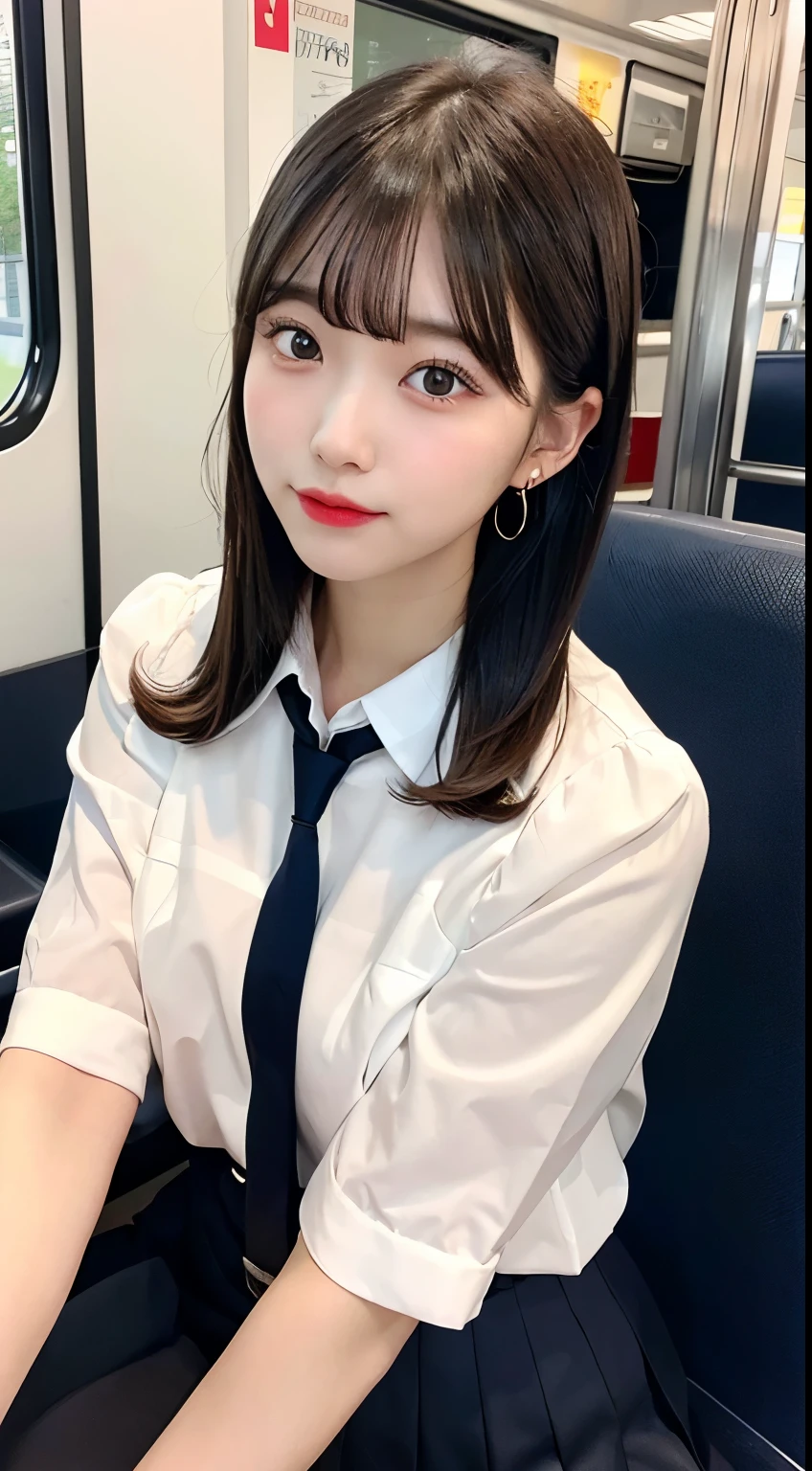 8K RAW Photos、High resolution、breast enhancement、Abdominal muscles、Ribbed、Black-haired、Beautiful at 22 years old Japan、Round face、very small lips、Round big、valley、Beautifully drawn eyes in every detail、Long eyelashes、Beautiful double eyelids、Three white eyes、Duck mouth、Blunt bangs、Bowl Cut、Earrings、necklace、Random facial expressions、White dress shirt, Upper Body,, (Navy Pleated Skirt:1.1), Thighs Thighs Thighs Thighs, Short sleeve, in the train, sit on bench seat,  (Dark red tie:1.1)