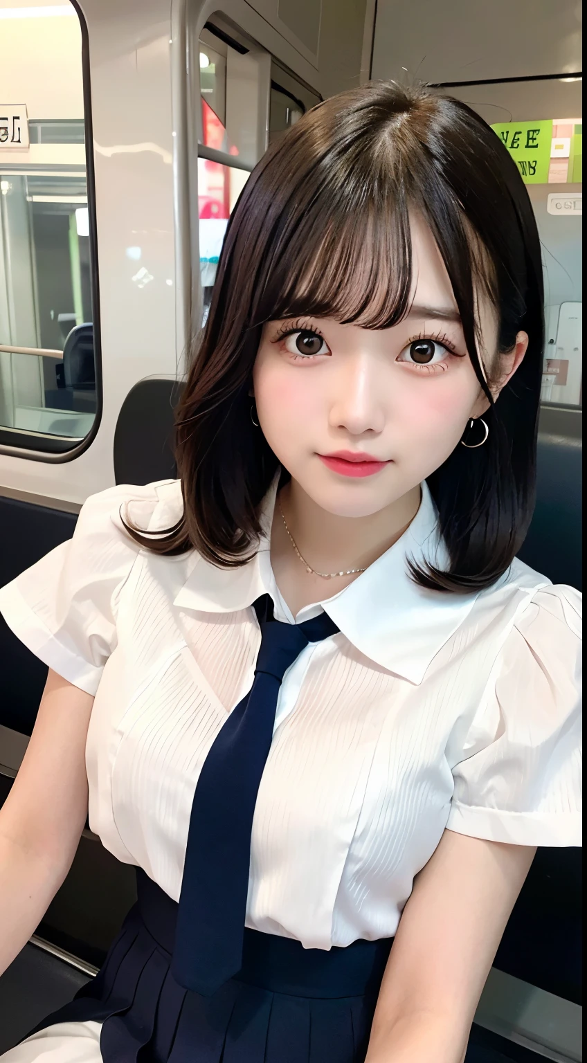 8K RAW Photos、High resolution、breast enhancement、Abdominal muscles、Ribbed、Black-haired、Beautiful at 22 years old Japan、Round face、very small lips、Round big、valley、Beautifully drawn eyes in every detail、Long eyelashes、Beautiful double eyelids、Three white eyes、Duck mouth、Blunt bangs、Bowl Cut、Earrings、necklace、Random facial expressions、White dress shirt, Upper Body,, (Navy Pleated Skirt:1.1), Thighs Thighs Thighs Thighs, Short sleeve, in the train, sit on bench seat,  (Dark red tie:1.1)