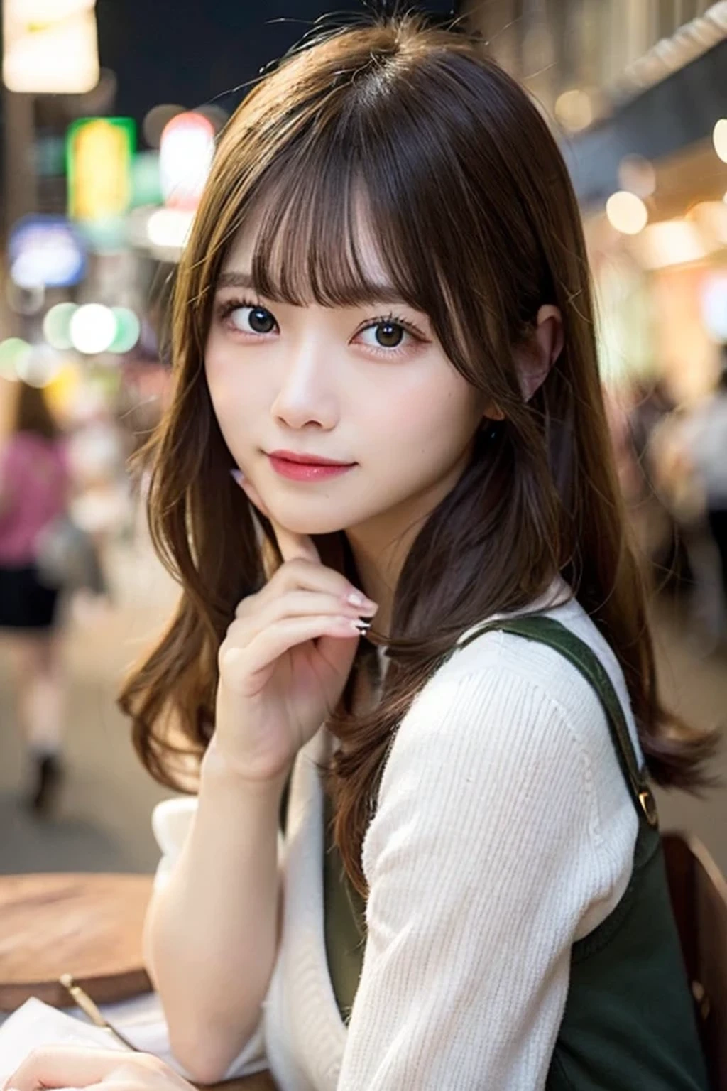 (Tabletop), highest quality, 超A high resolution, Sharp focus, ((1 female, alone)), (Warm pastel colors), Perfect feminine face, whole body, Long Shot, (at night:1.2), In a lively city, In the crowd, Beautiful detailed hair, Chestnut Hair, Long Hair, ((Beautifully shaped eyes, Green Eyes)), Beautiful Face, smile, View your viewers, Casual and comfortable clothing
