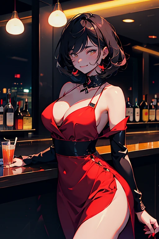 1lady,solo,beauty,ennui and smile,red dress,big bust,black and medium hair,girls bar,bar,she drinking alcohol in bar,night bar,dark bar,beauty drinking cocktail