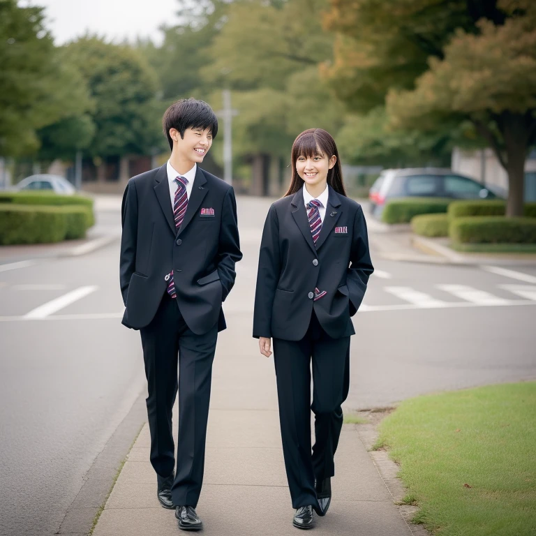 Japanese high school couple wearing blazer uniformen's slacks、Women's skirts、Take the train together,They are sitting next to each other and chatting.,