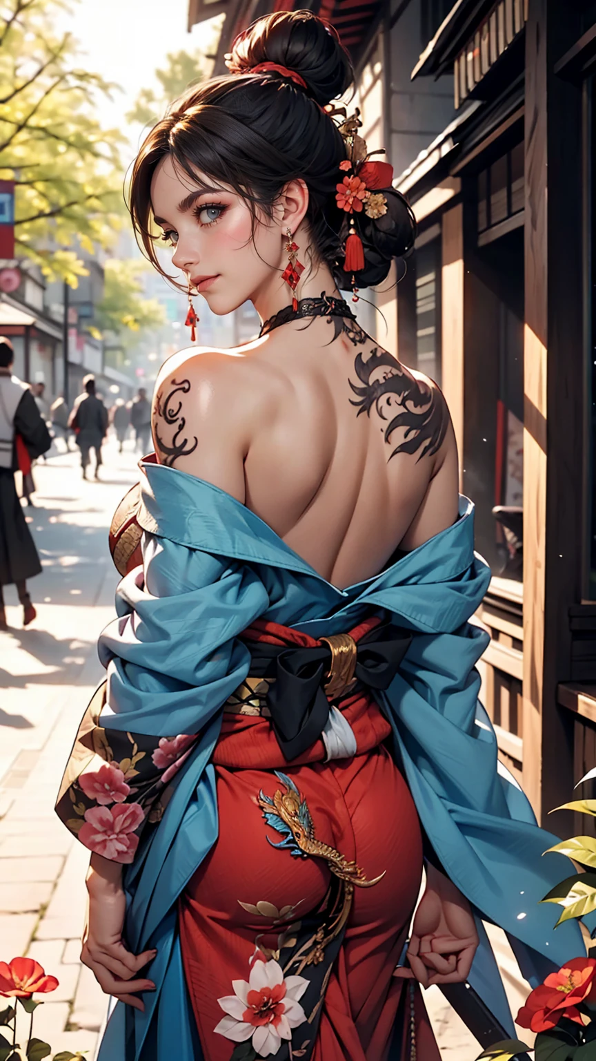 masterpiece, highest quality, highest quality, Official Art, beautifully、aesthetic:1.2),One girl, tattoo, alone, kimono, Red and black kimono, hair ornaments, unsheathing, Black Hair, sheath, back tattoo, dragon tattoo, blue eyes, Off the shoulder, Exposing shoulders, Recall, From behind, flower, View your viewers, Holding, compensate, Outdoor,smile