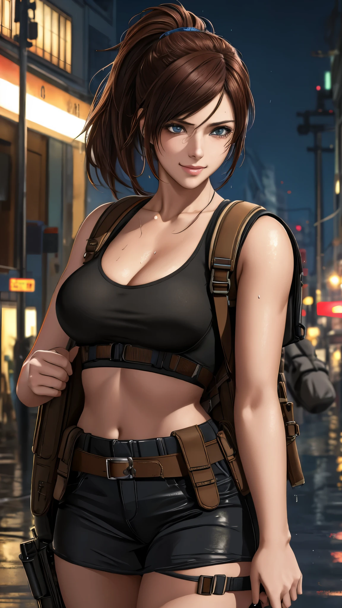 fashion style, masterpiece, best quality, 8k, artstation, sharp focus, (ultrarealistic:1.5), (high details:1.4), raw photo of a young woman, street smiling, backpack, ponytails, faded, complex stuff around, intricate background, soaking wet, (Cinematic:1.4),Clair Redfield,BIOHAZARD,RESIDENT EVIL