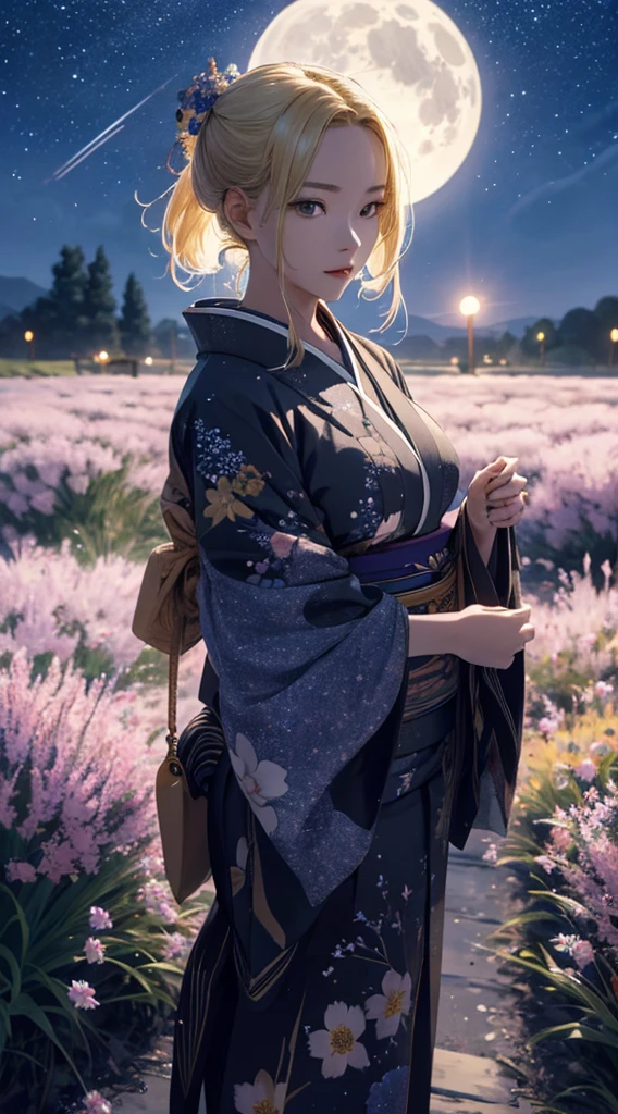 masterpiece, high quality, 4K, Beautiful design, silhouette,blonde, 非常に詳細な夜のStarry Sky,Flower Field, wonderful, Finer details, Very knowledgeable woman, Highly detailed solo, 1 female,I like rumors,Big Breasts,kimono,Night view,Starry Sky,full moon,