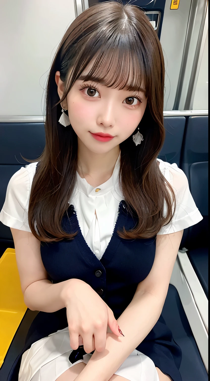 8K RAW Photos、High resolution、breast enhancement、Abdominal muscles、Ribbed、Black-haired、Beautiful at 22 years old Japan、Round face、very small lips、Round big、valley、Beautifully drawn eyes in every detail、Long eyelashes、Beautiful double eyelids、Three white eyes、Duck mouth、Blunt bangs、Bowl Cut、Earrings、necklace、Random facial expressions、White dress shirt, Upper Body,, (Navy Pleated Skirt:1.1), Thighs Thighs Thighs Thighs, Short sleeve, in the train, sit on bench seat,  (Dark red tie:1.1)