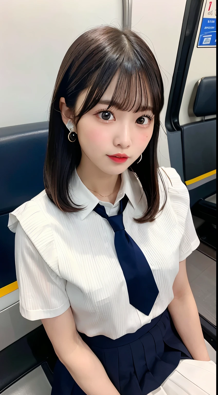 8K RAW Photos、High resolution、breast enhancement、Abdominal muscles、Ribbed、Black-haired、Beautiful at 22 years old Japan、Round face、very small lips、Round big、valley、Beautifully drawn eyes in every detail、Long eyelashes、Beautiful double eyelids、Three white eyes、Duck mouth、Blunt bangs、Bowl Cut、Earrings、necklace、Random facial expressions、White dress shirt, Upper Body,, (Navy Pleated Skirt:1.1), Thighs Thighs Thighs Thighs, Short sleeve, in the train, sit on bench seat,  (Dark red tie:1.1)