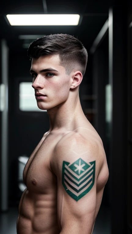 Young white man, , black hair, military haircut, fixed green eyes, sharp features, no facial or body hair, height 1.90, weight 93 kg, aesthetic build, runes tattoos , broad shoulders, wide back,V-shaped body, perfil entire body view, 