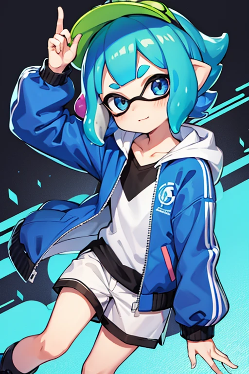 Splatoon. inkling. boy. Short blue hair with a perm. is wearing a jacket