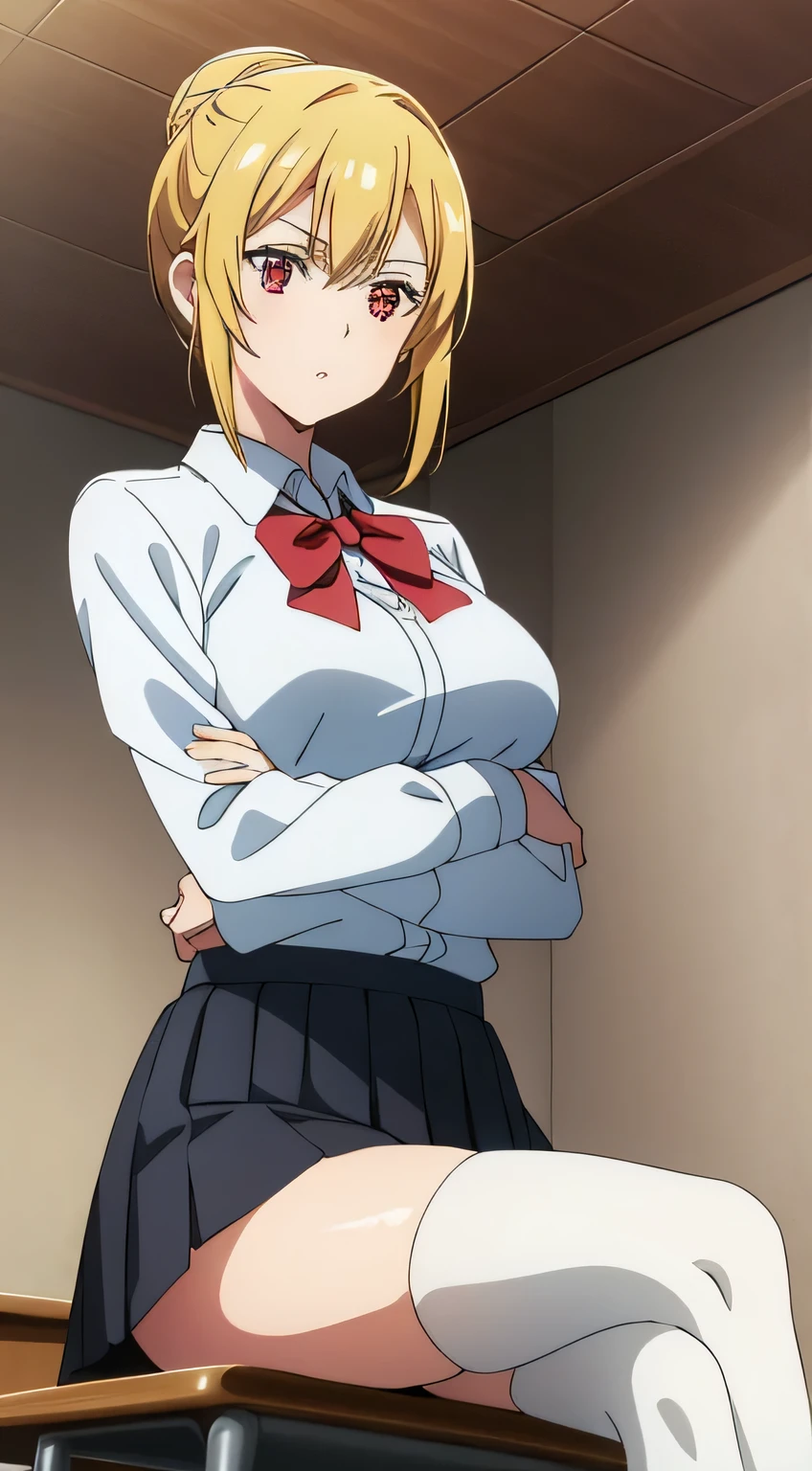 best quality, high resolution, 8K, anime art style, beautiful detailed eyes, extremely detailed face, soft expression, stylish pose, Angelica V4,1girl,solo,red eyes, (collared shirt, white shirt, miniskirt, panties,classroom, cowboy shot), looking at the audience, in the center of the image, beautiful large medium-sized breasts, beautiful face, slim waist, appealing, soft lighting,Crossing your legs, Sitting,tights