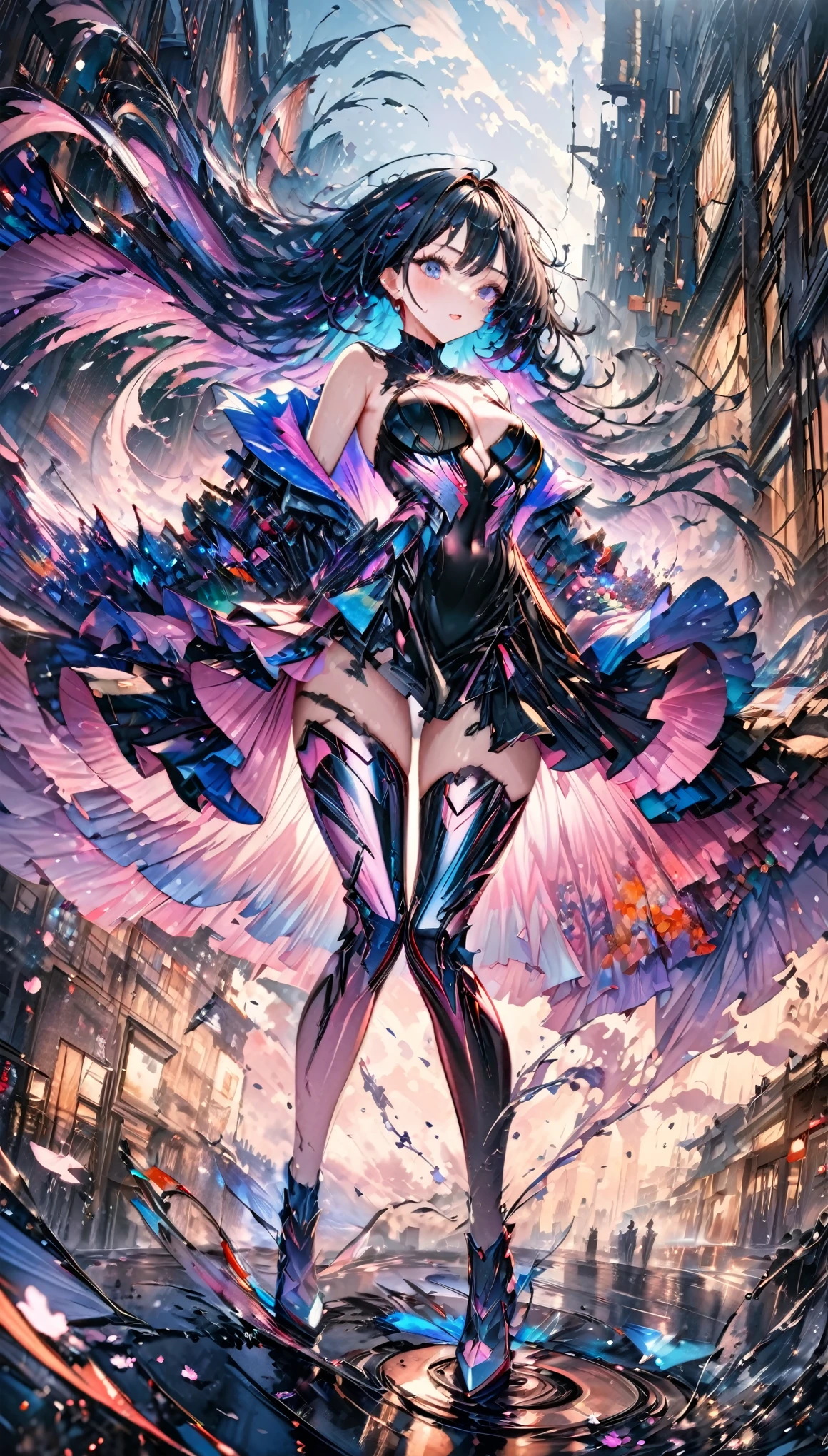 Featured artworks, A fusion of watercolor and oil painting, highest quality, Super quality, 16k, Incredibly absurd, Very detailed, A beautiful, fragile girl stands in the city, Wind, Wind-effect, moonlit nightscape, (Nice views:1.2), Cybermetal, Steam Metal, Diesel Metal, Clock Metal, Falling petals