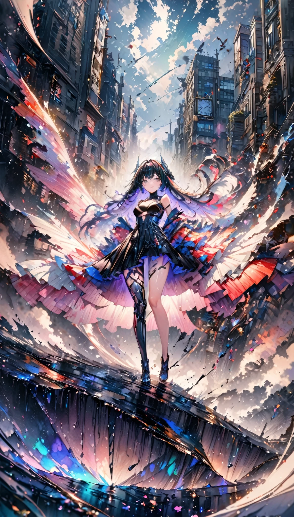 Featured artworks, A fusion of watercolor and oil painting, highest quality, Super quality, 16k, Incredibly absurd, Very detailed, A beautiful, fragile girl stands in the city, Wind, Wind-effect, moonlit nightscape, (Nice views:1.2), Cybermetal, Steam Metal, Diesel Metal, Clock Metal, Falling petals