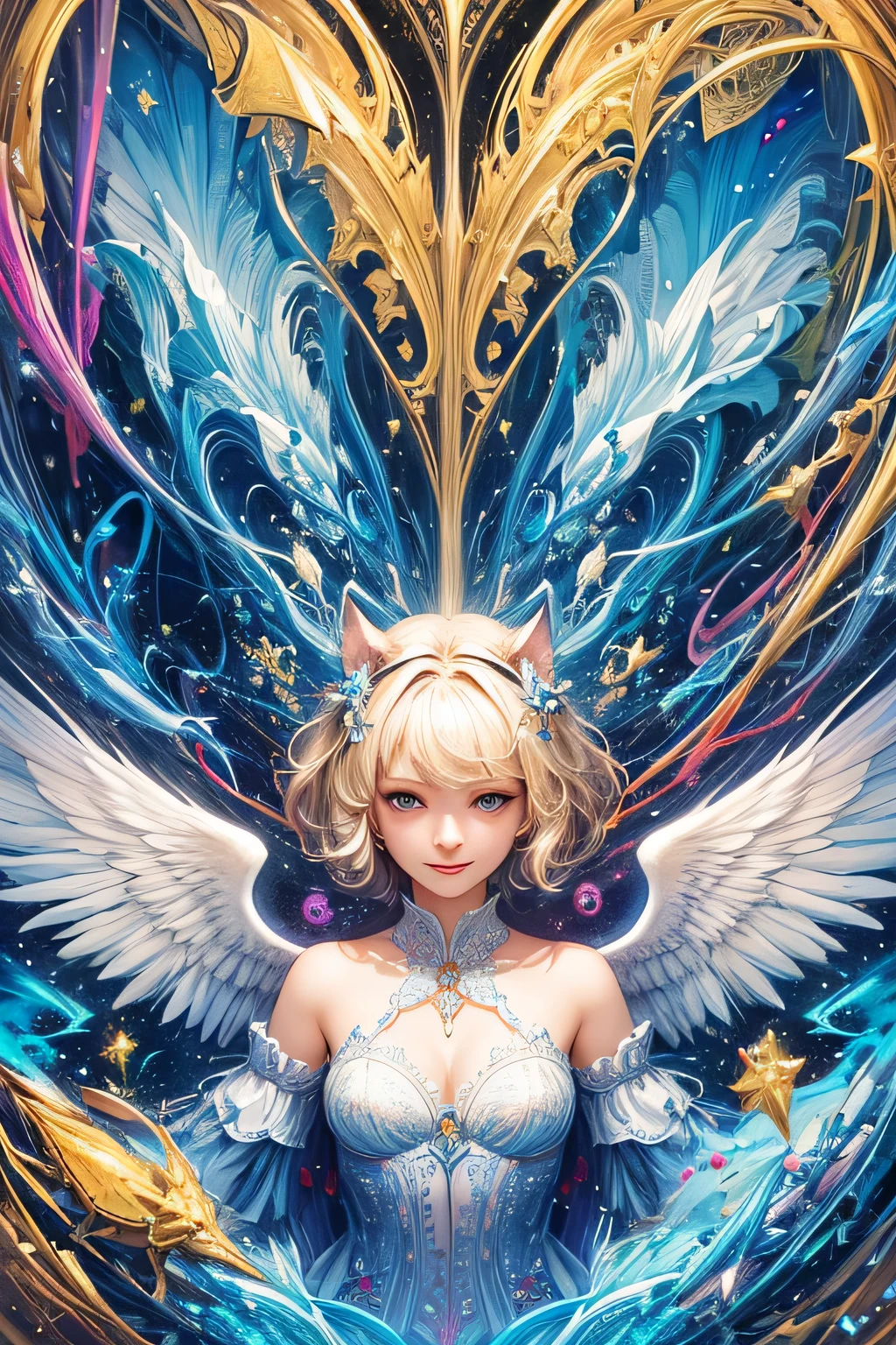 Realistic, (masterpiece, highest quality, highest quality, Official Art, beautifully、aesthetic: 1.2),  (One girl),Angel Wings, Very detailed, Fractal Art, colorful, Most detailed, White angel clothes, (Abstract background: 1.5), (Cat Class), Yellow Hair, Bright Eyes, A kind smile, Combed back, short hair, milky way, dream, Fantasy, Beautifully detailed sky, Delicate reflectivity and high glass guardrail board, crystal