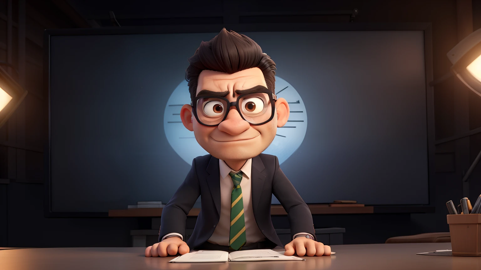 angry man journalist, avec une veste de costume, very short black hair, des lunettes, very big nose, has a television studio ,montre du doigt
