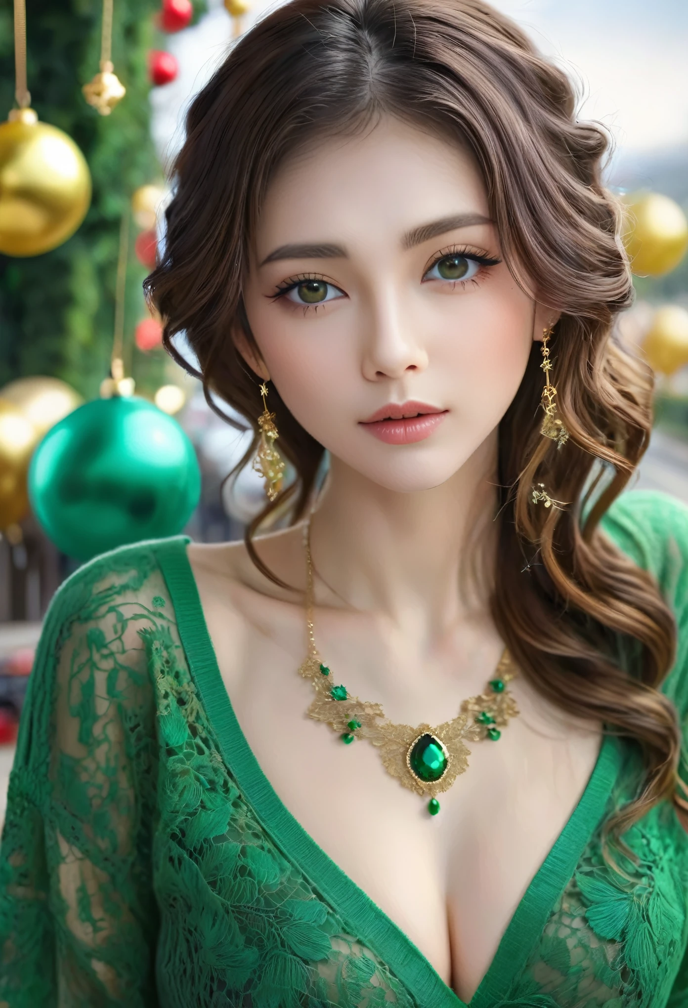 Wavy hair Wavy hair（（（Eyes are very delicate））），（（（Hair accessories））），Necklace，Sexy young girl in sexy green and gold lace sweater，New Year decorations are everywhere on the road（（（masterpiece）））， （（best quality））， （（Intricate details））， （（Surreal））（8k）