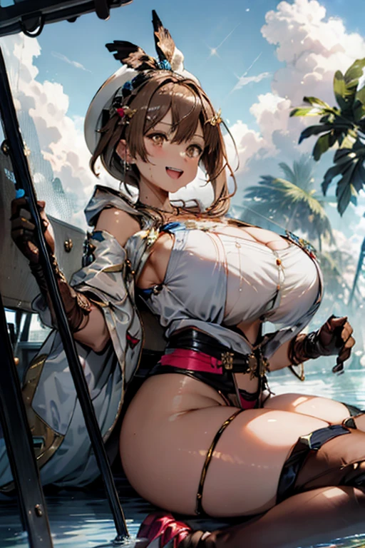 ((highest quality)), ((masterpiece)),High resolution,Sharp focus,(Super detailed,Very detailed),(Very detailed CG unity 8k wallpaper),
(((Vibrant colors))), Perfect Face,
Liza Lynn Stout, Raisalin Stout,
Big Ass,Big Breasts,glamorous_expensive_Tight waist_Long legs,curve,Thighs,curvy,
very shiny 肌,Shiny body,plastic glitter 肌,exaggerated shiny 肌,illuminated skin,
cute,Lewd,erotic,Bold,Camel Toe,short hair,Brown Hair,Knee socks,gloves, brown gloves, 片手gloves,レザー gloves,
White Hat, Star Necklace,hair ornaments, (Brown eyes:1.5), Hair Clip,
8k wallpaper, (figure:0.8), (Beautiful fine details:1.6),
Very detailedな顔, Very detailedなCG, (Perfect hands, Perfect Anatomy),
Open your mouth, ok sign, Shy laugh,Looking up from below,Beyond the Clouds, Surrounded by water, reflection,Breathtakingly beautiful clouds,coastal,Sweaty skin,sit,