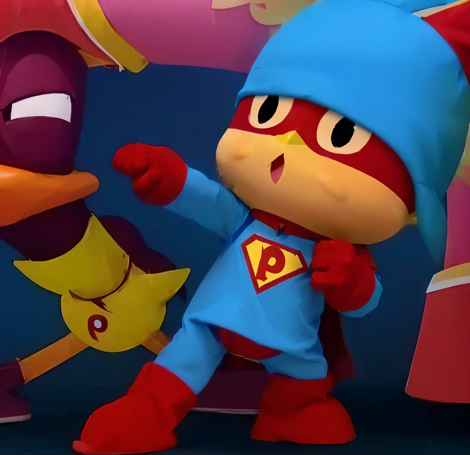 a close up of a cartoon character with a bird in a costume, poyo, wearing red and yellow hero suit, puerto rican super hero, superhero, fall guys, super hero, safebooru anime image, super power, plataform game, super details, cutscene footage, super powers, super, derpibooru, by Paul Bird