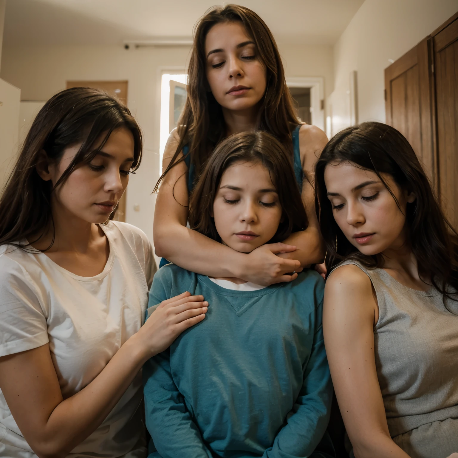 Create the image of a deceased mother protecting her three children. The mother&#39;s personality is that of a determined and unbeatable warrior with love for her children.