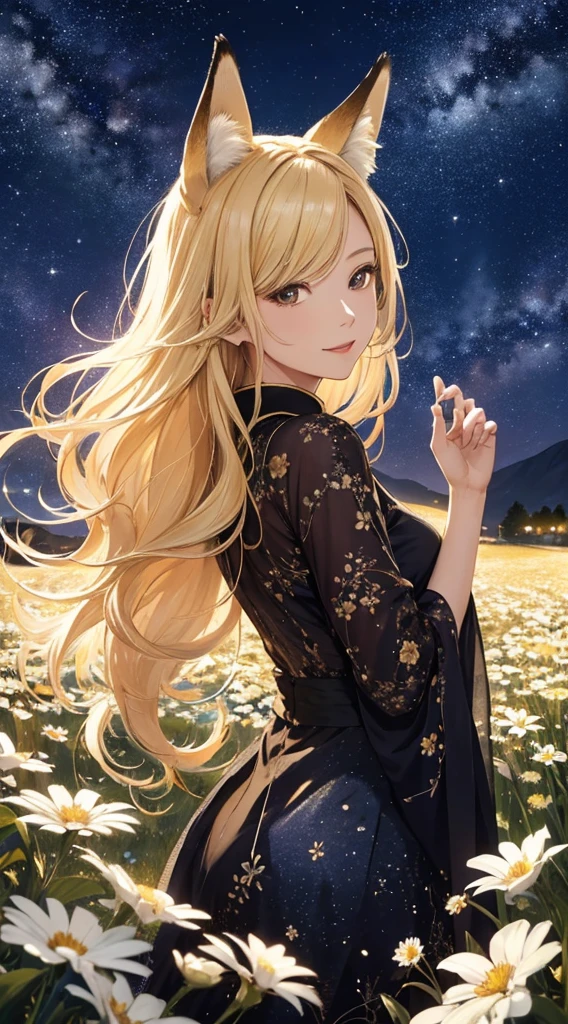 masterpiece, high quality, 4K, Beautiful design, silhouette，blonde， 非常に詳細な夜のStarry Sky,Flower Field， wonderful, Finer details,  Very knowledgeable woman, Highly detailed solo, 1 female,Fox Ears，Fox&#39;s Tail，Big Breasts，White kimono，Hozuki&#39;s Lantern，Lantern，Night view，Starry Sky，full moon，