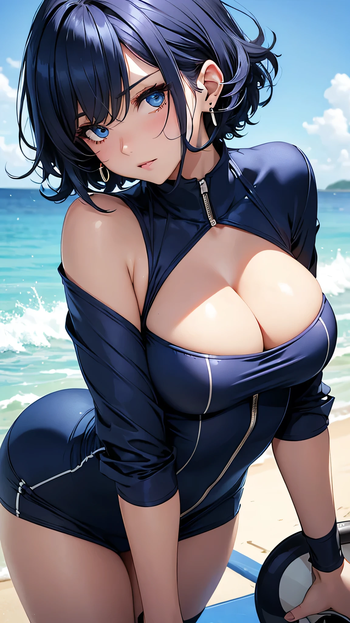 Beauty, Navy Blue Hair,short hair(Inward Curling Bob) ,blue eyes,Costume(Lifeguard), Large Breasts、Blue Earrings、background(Boolean) 、Sexy pose、Flustered expression