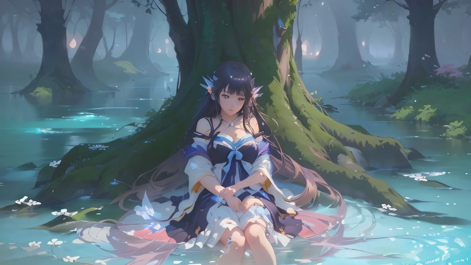 anime girl sitting in the water in front of a tree, artwork in the style of guweiz, guweiz on pixiv artstation, relaxing concept art, made with anime painter studio, water fairy, guweiz, guweiz on artstation pixiv, painted in anime painter studio, by Shitao, fantasy art style, forest soul