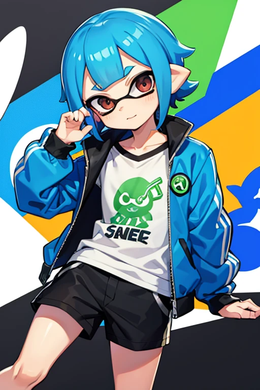 Splatoon. inkling. boy. Short blue hair with a perm. is wearing a jacket