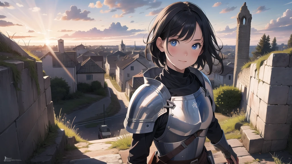 (high-res:1.2, ultra-detailed, realistic, professional), Medieval Europe, female knight, black armor, short black hair, blue eyes, battlefield ruins, face illuminated by the morning sun, twilight