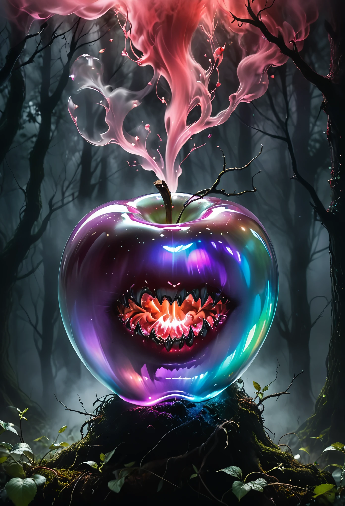 a beautiful (close up) photo of a perfect see-through (big glowing glass apple) illuminating the scene, silhouette of a (woman screaming) and wild and roots growing frantically inside, up close.
(iridescent glowing: 1.66), dreamy, ethereal, hyper realistic, amazing quality, amazing detail, photorealism, 100mm macro lens, dark background, surrounded by fog, surrounded by (red smoke), in a forest, (night), smoky, gorgeous, shallow depth of field, black/purple fade, atmospheric haze, volumetric fog,
